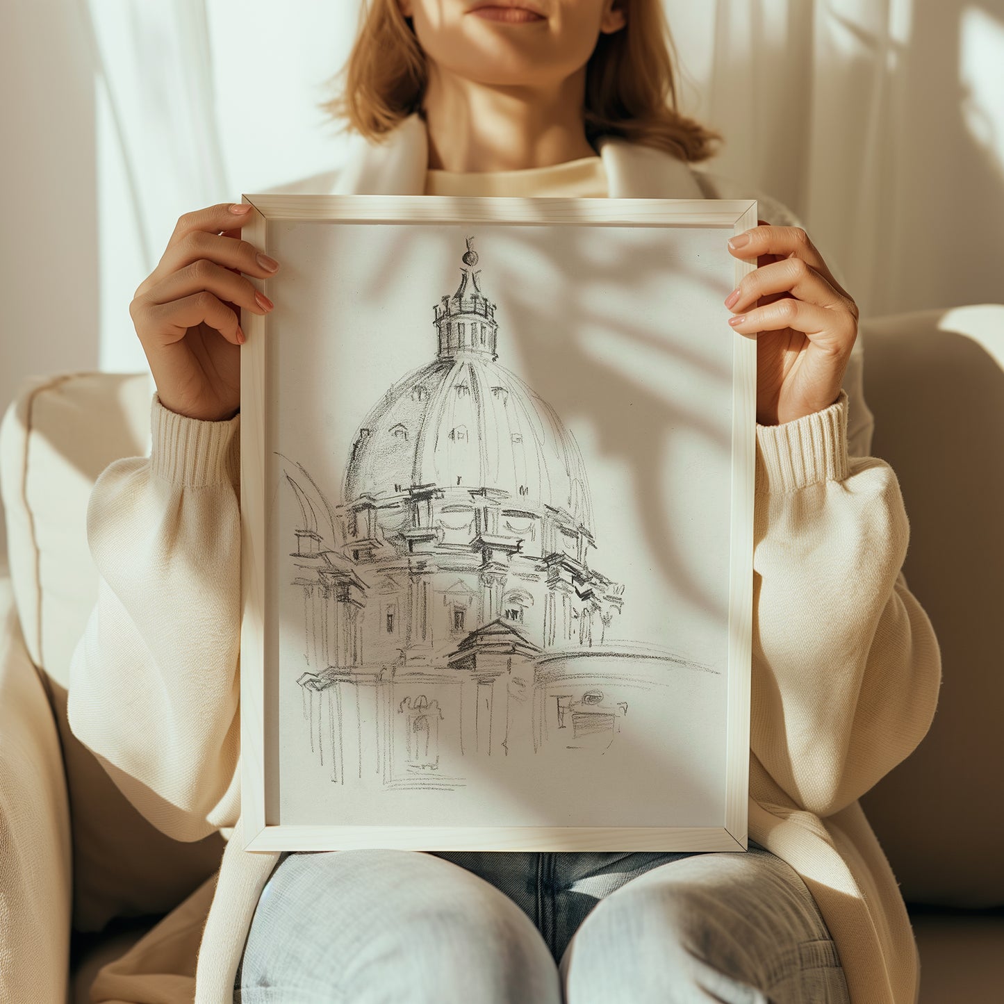 Woman holding English cathedral poster to show size and detail