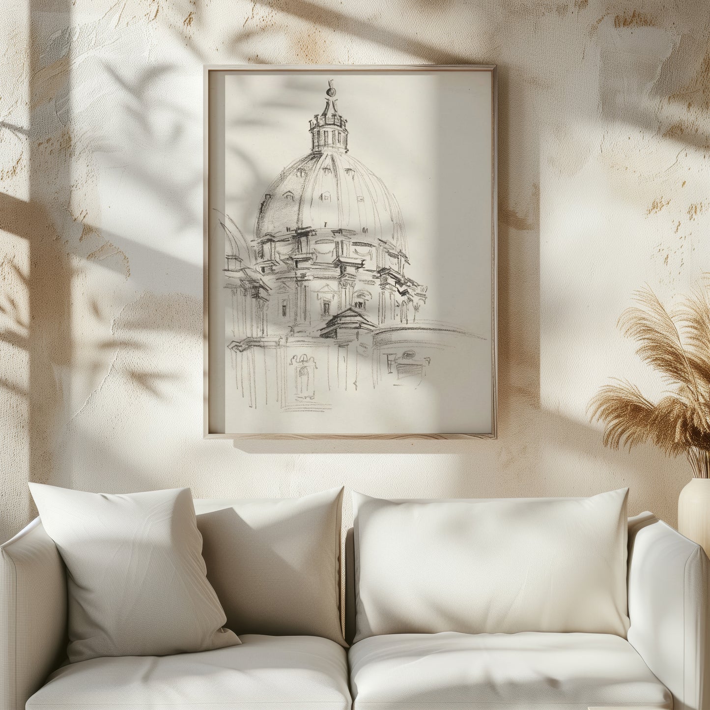 English cathedral wall art styled in a cozy living room interior