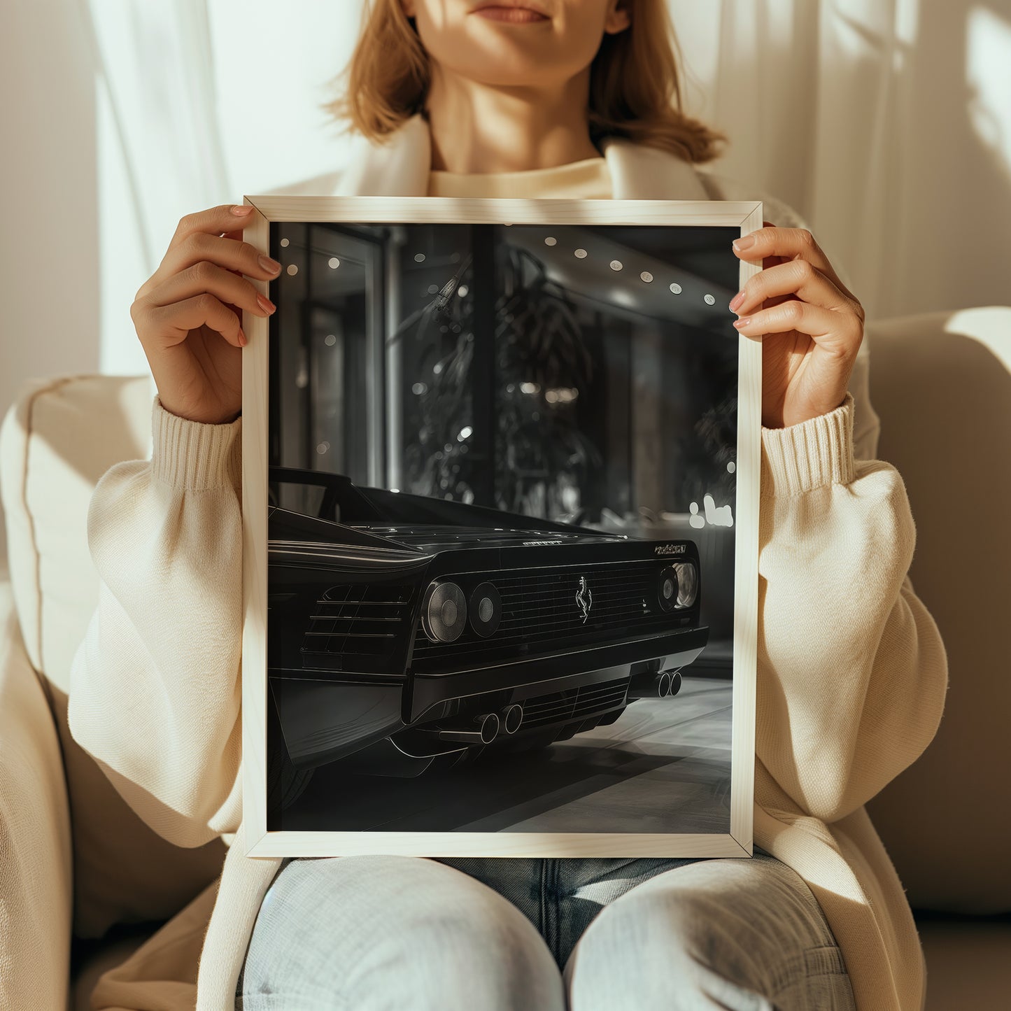 Woman holding Ferrari back view poster to show scale and detail