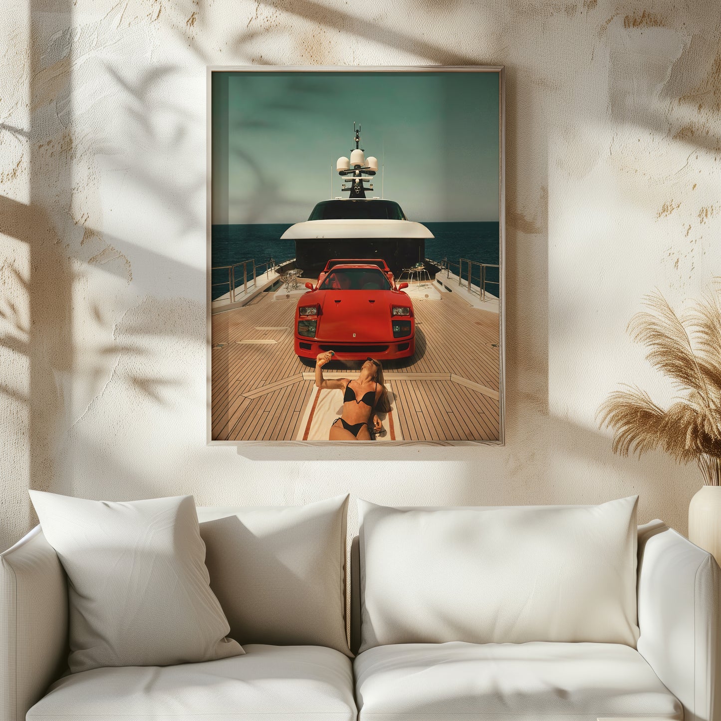 Monaco Lady Ferrari poster styled in an alternate living room setting as vintage wall art