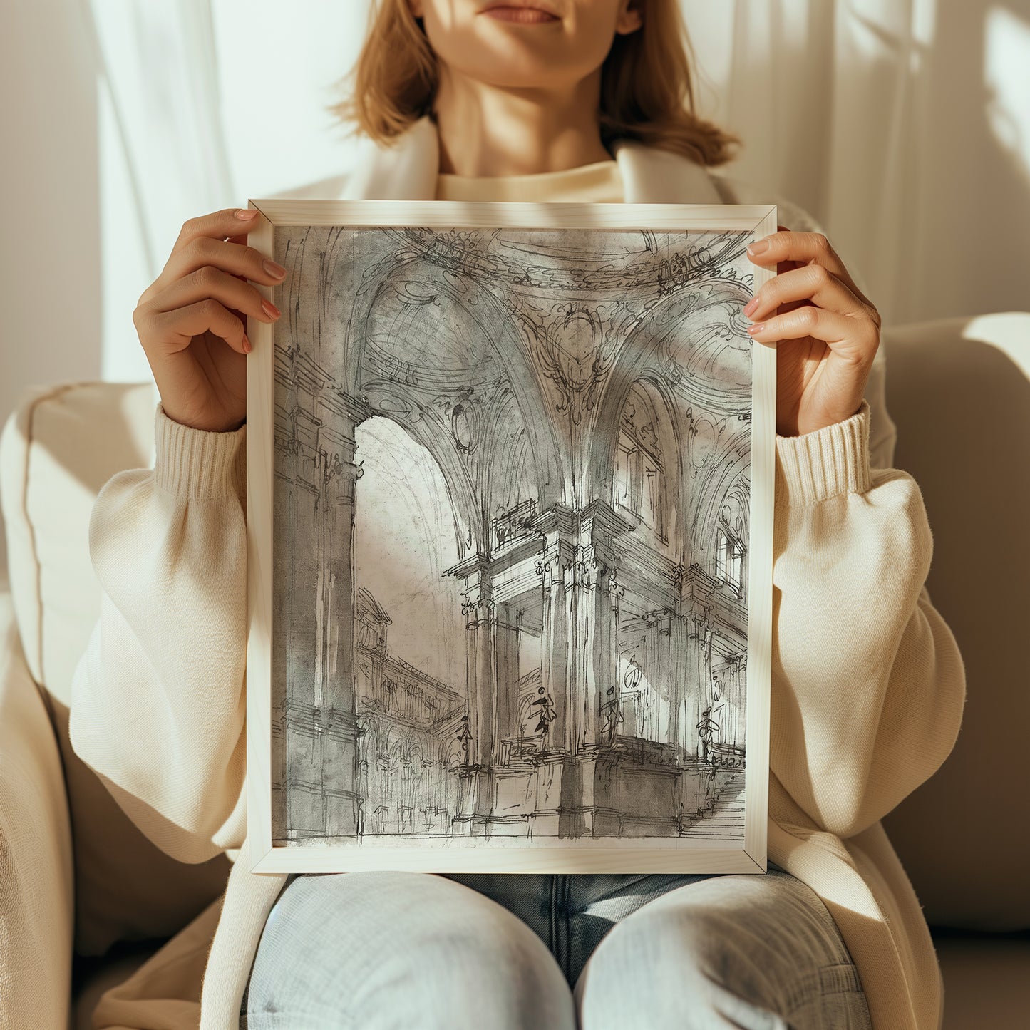 Woman holding Greek academy architecture print for size reference
