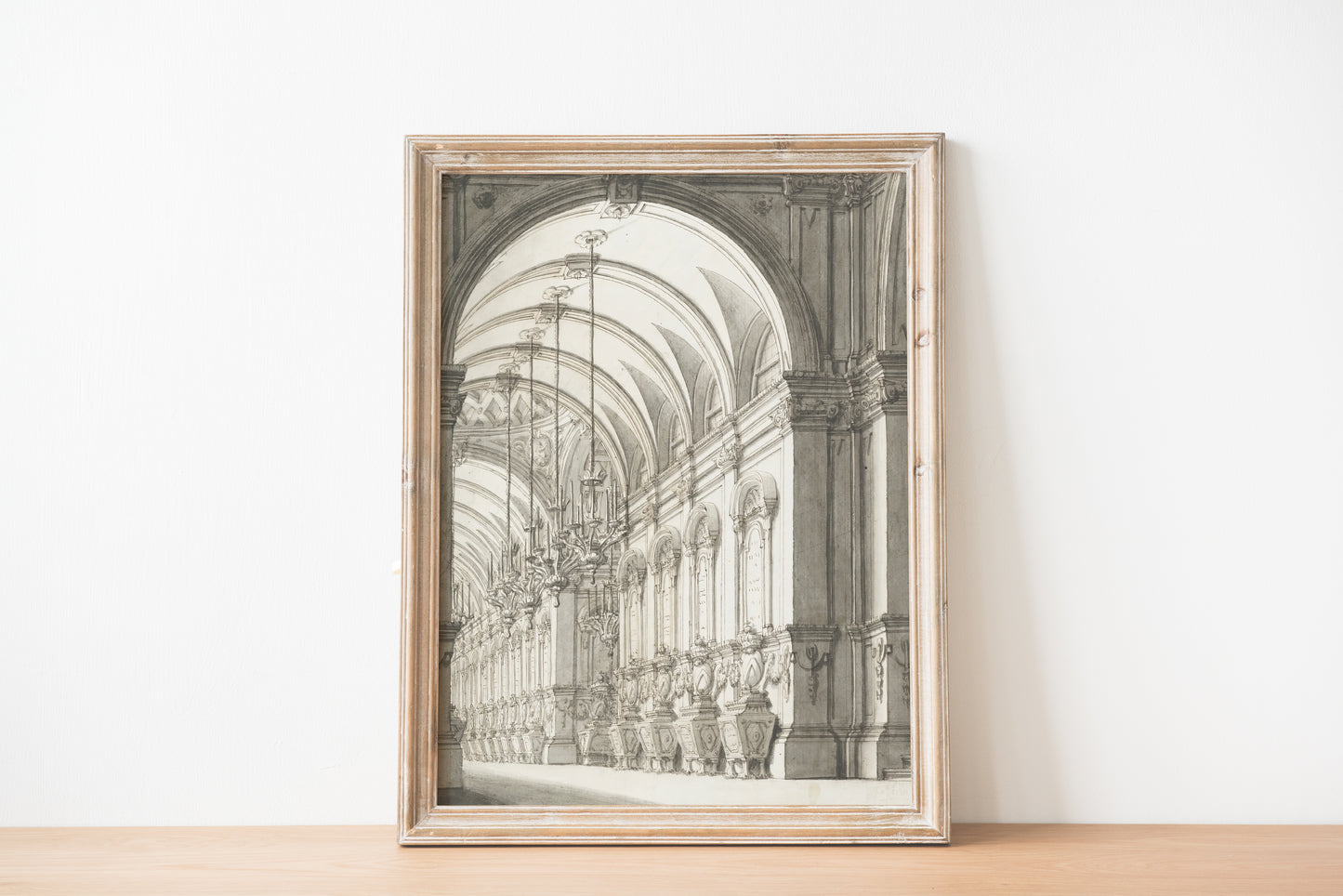 Vaulted hall architecture sketch displayed in wooden frame, front view