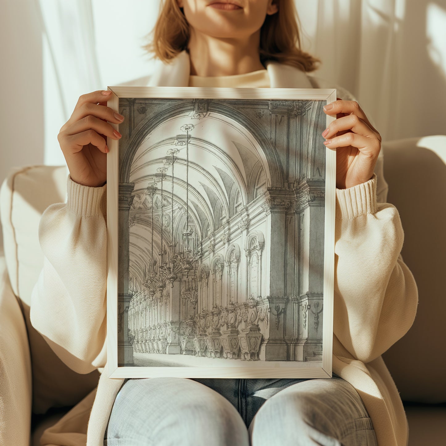 Woman holding vaulted hall architecture print for size reference