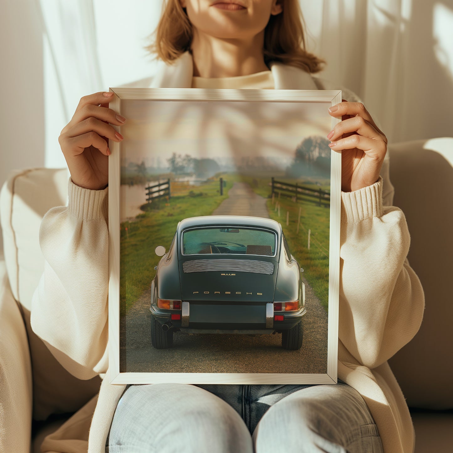 Woman holding Porsche London poster for size reference