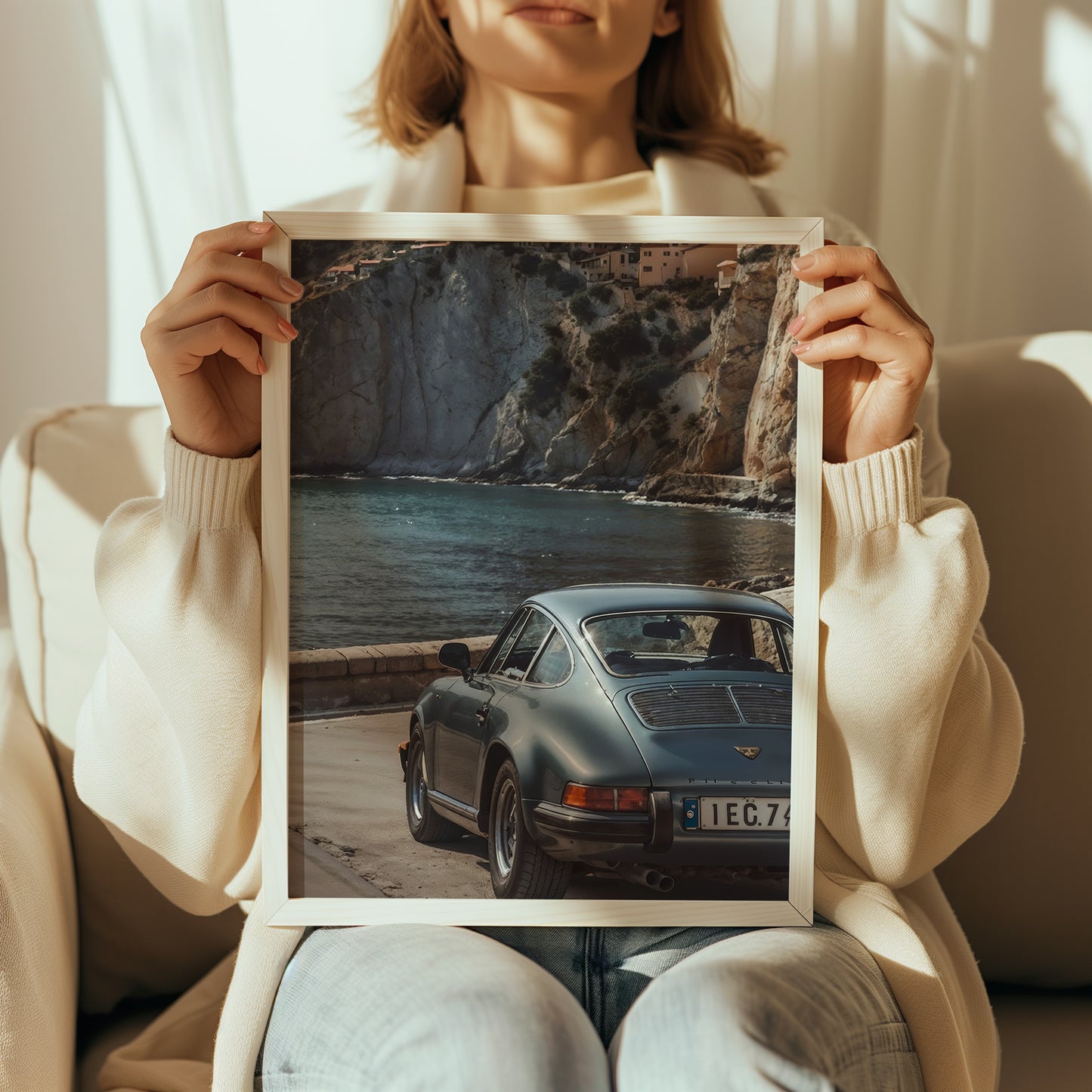 Woman holding Menaggio Porsche print front-facing