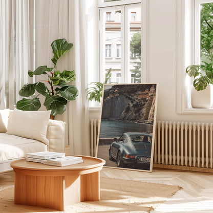 Vintage Menaggio Porsche poster styled in modern home