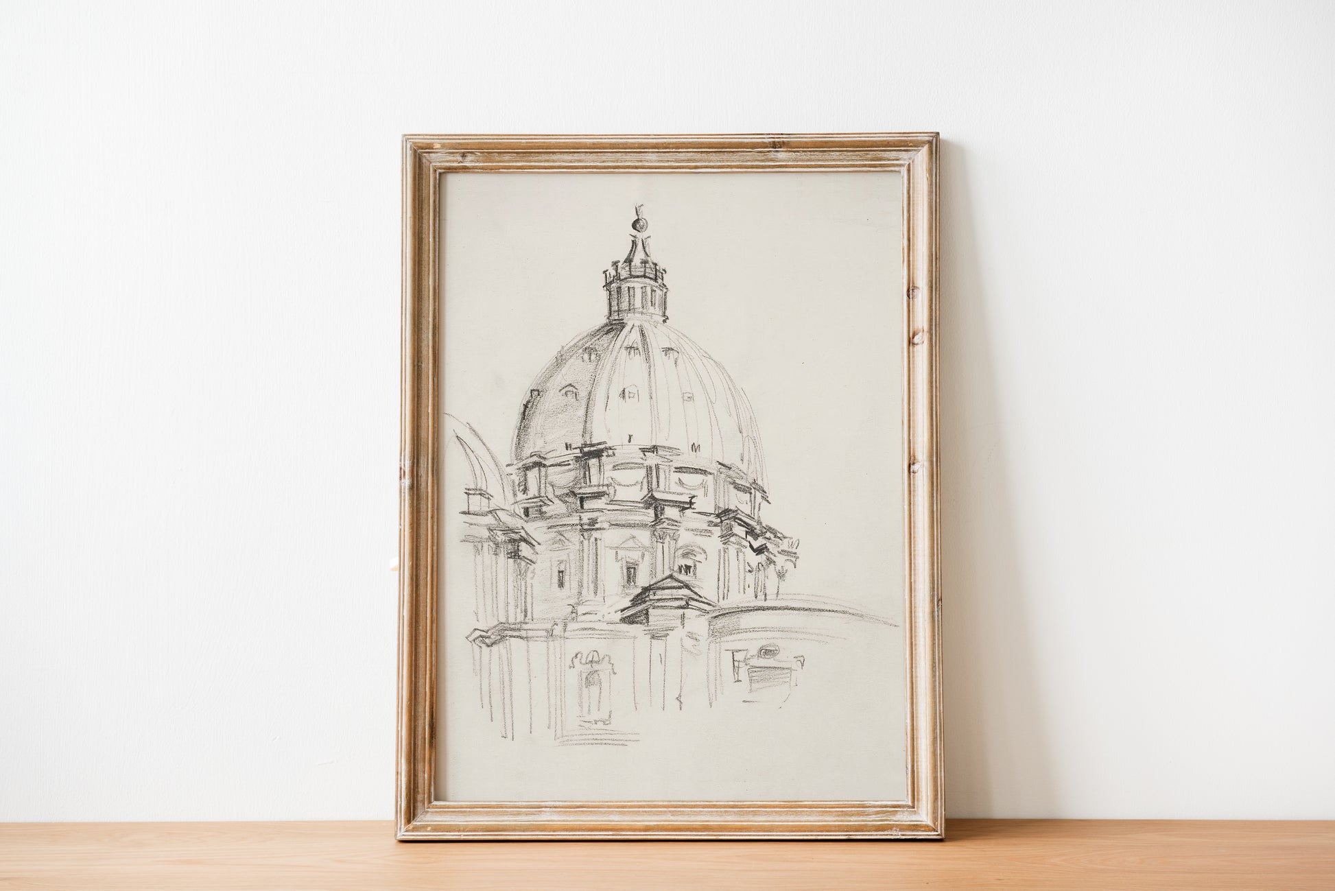 English cathedral architecture print displayed in wooden frame, front view