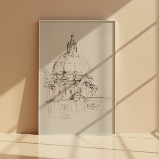 English cathedral architecture print with white frame, front view

