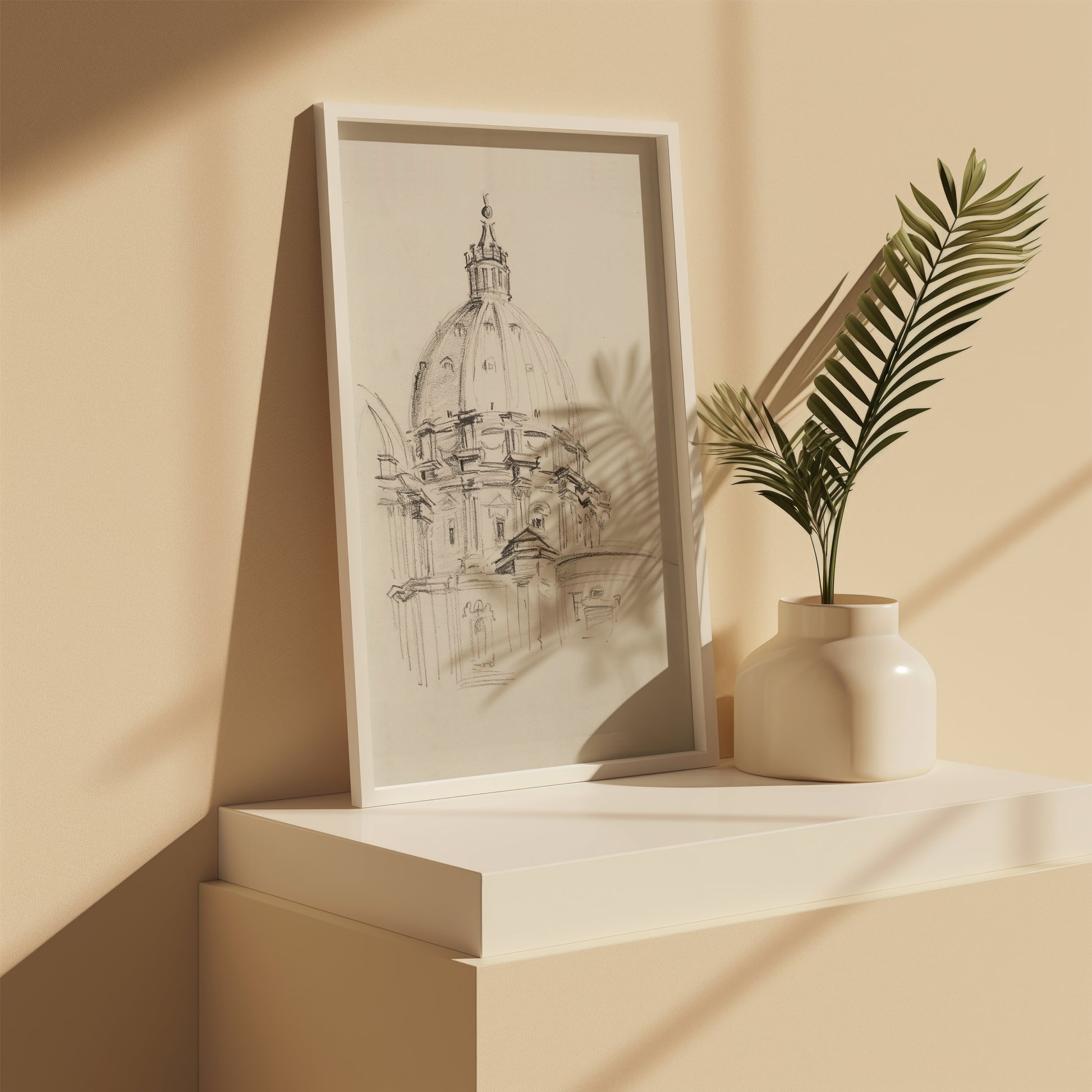 Vintage cathedral sketch art shown from side angle on a shelf
