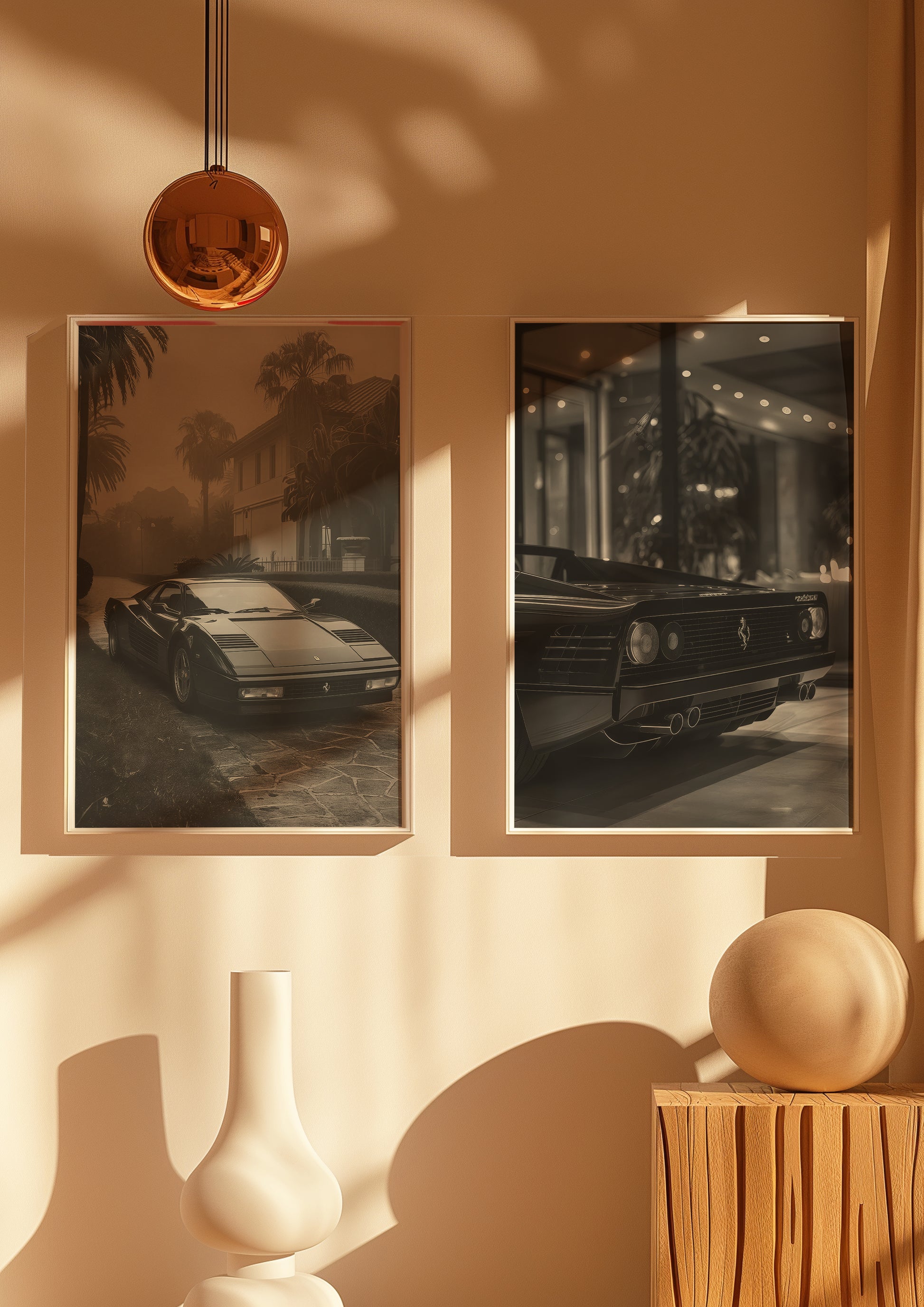 Classic Ferrari back view artwork framed in a gallery-style display

