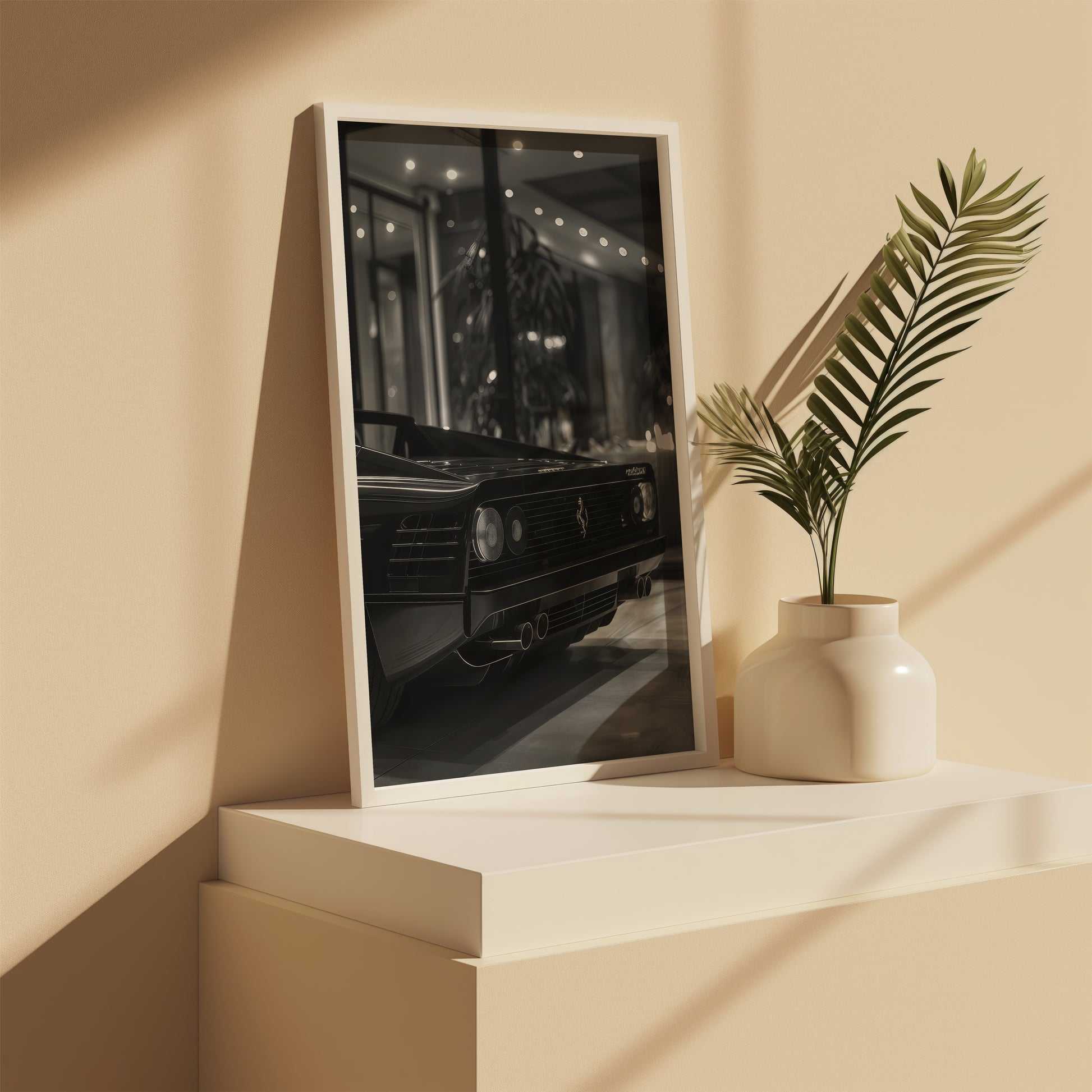 Vintage Ferrari back view poster shown at an angle on a shelf
