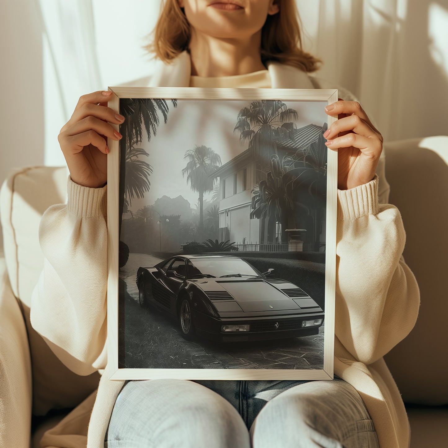 Woman holding Ferrari Dream print to show scale and detail

