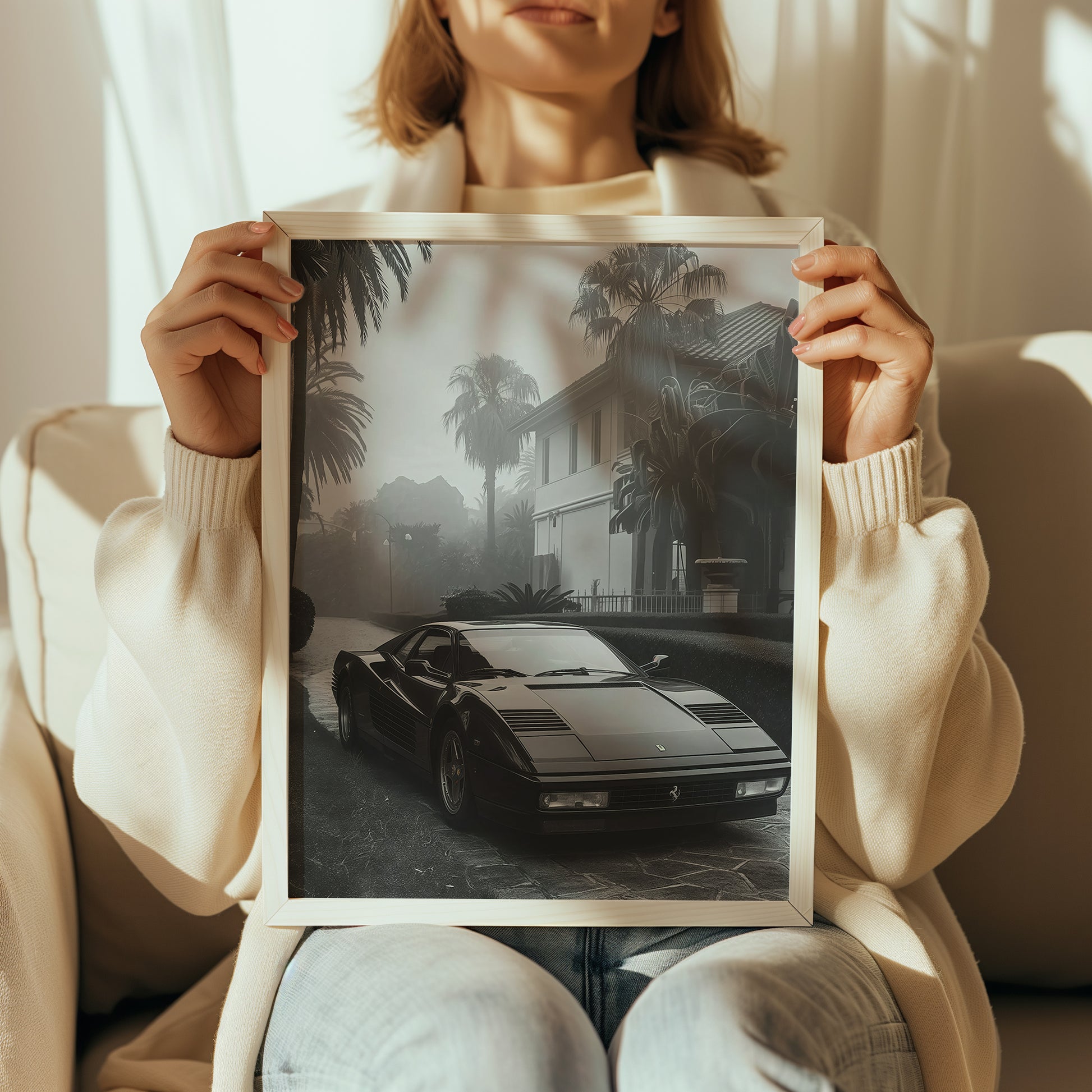 Woman holding Ferrari Dream print to show scale and detail
