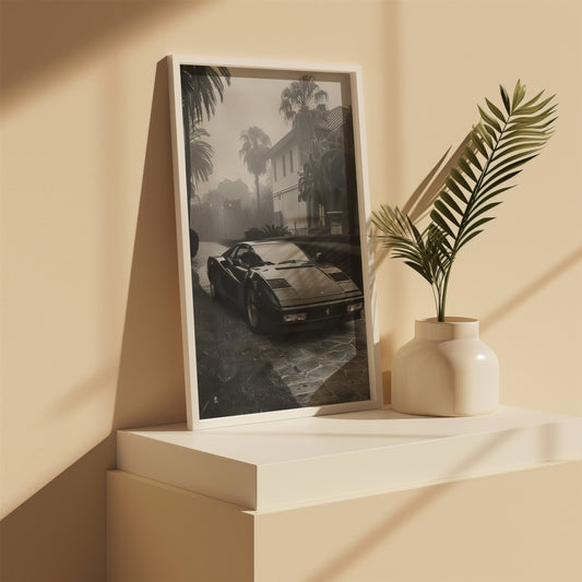 Ferrari Dream vintage poster at an angled shelf view
