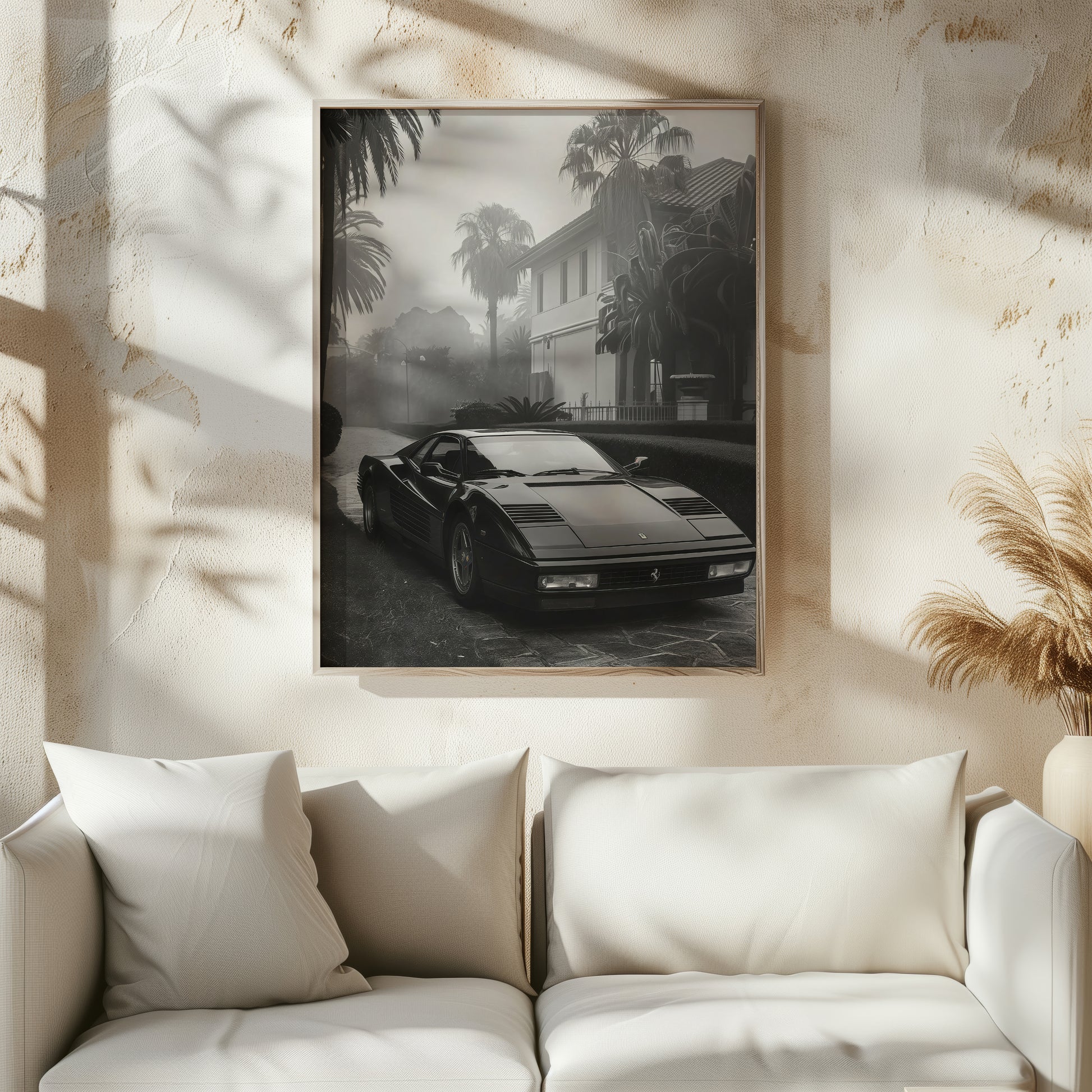 Ferrari Dream artwork displayed as wall art in a modern living room

