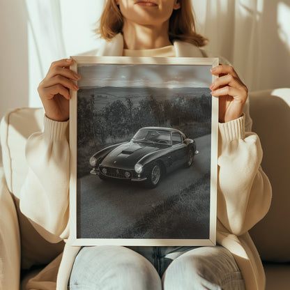 Woman holding Maranello Ferrari poster for size and proportion
