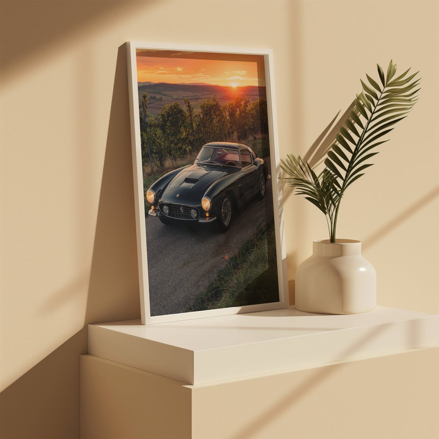 Angled shelf view of Maranello vintage Ferrari poster
