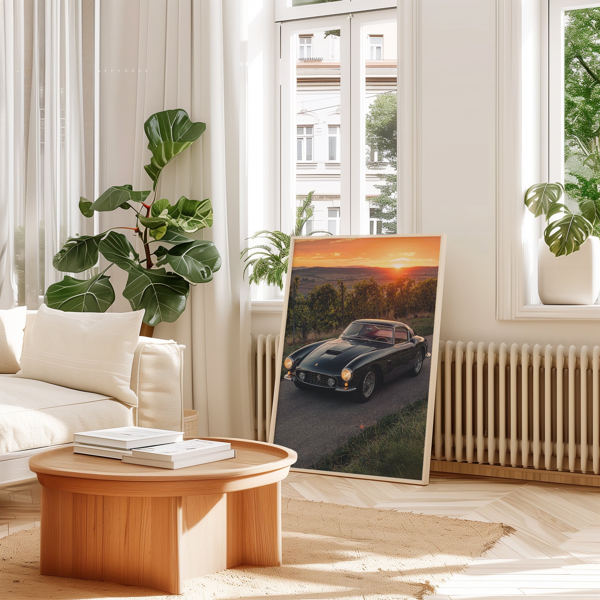Maranello Ferrari artwork styled as wall art in an alternated styled living room
