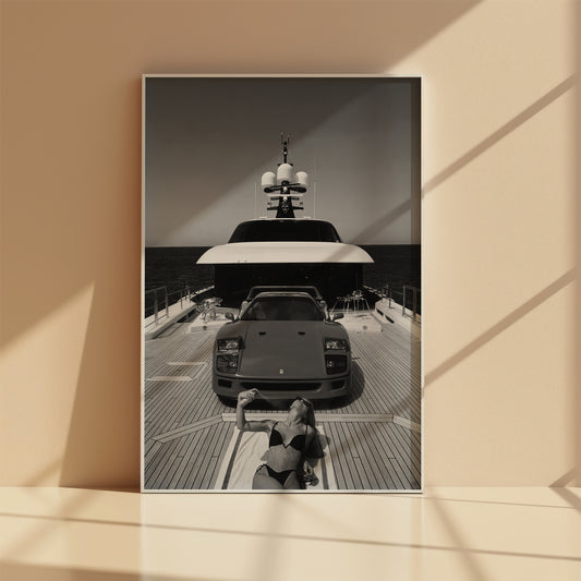 Monaco Lady Ferrari poster in black and white, framed front view

