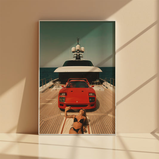 Monaco Lady vintage Ferrari print in a frame, front view
