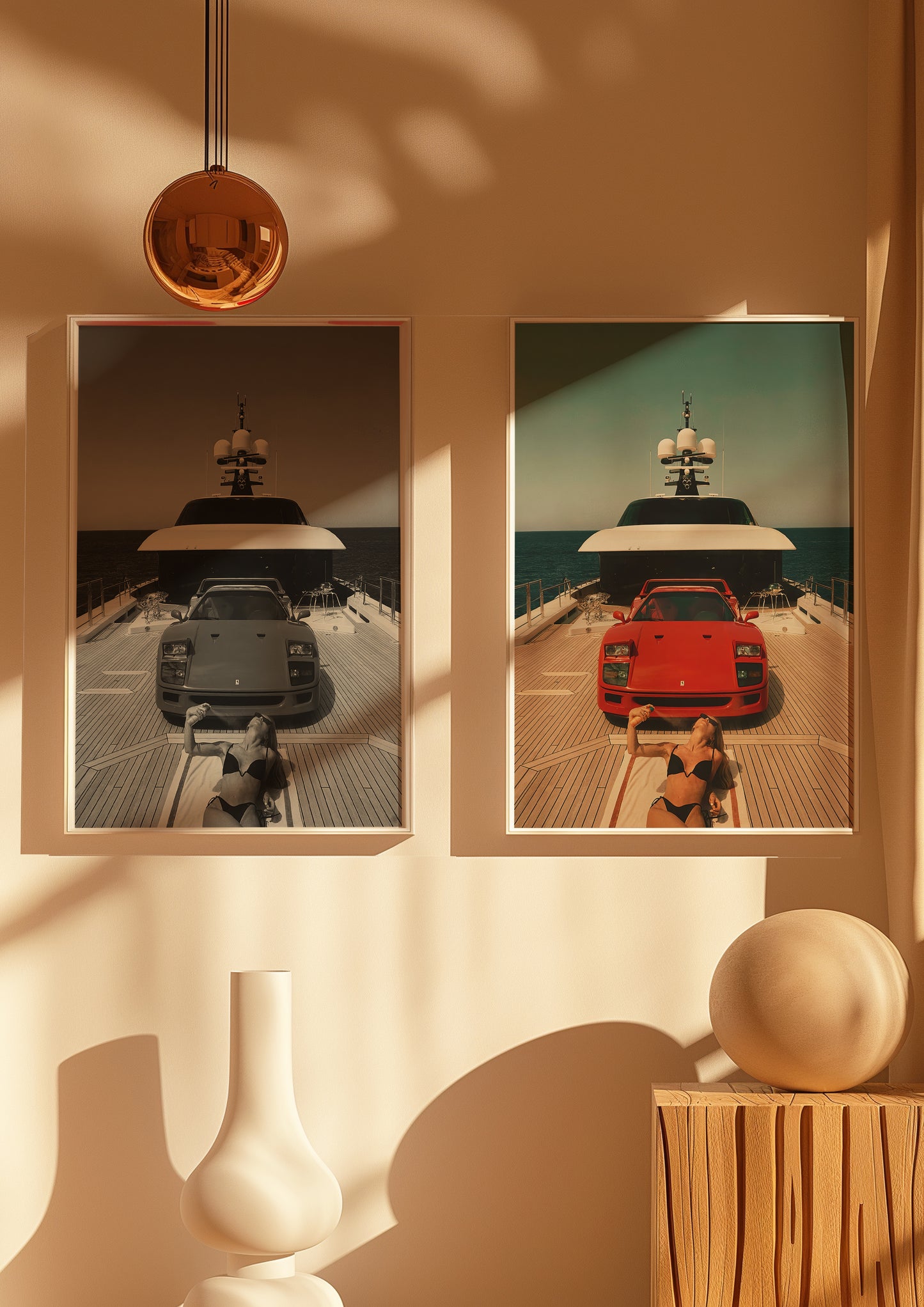 Monaco Lady Ferrari print framed in a minimalist gallery-style setup


