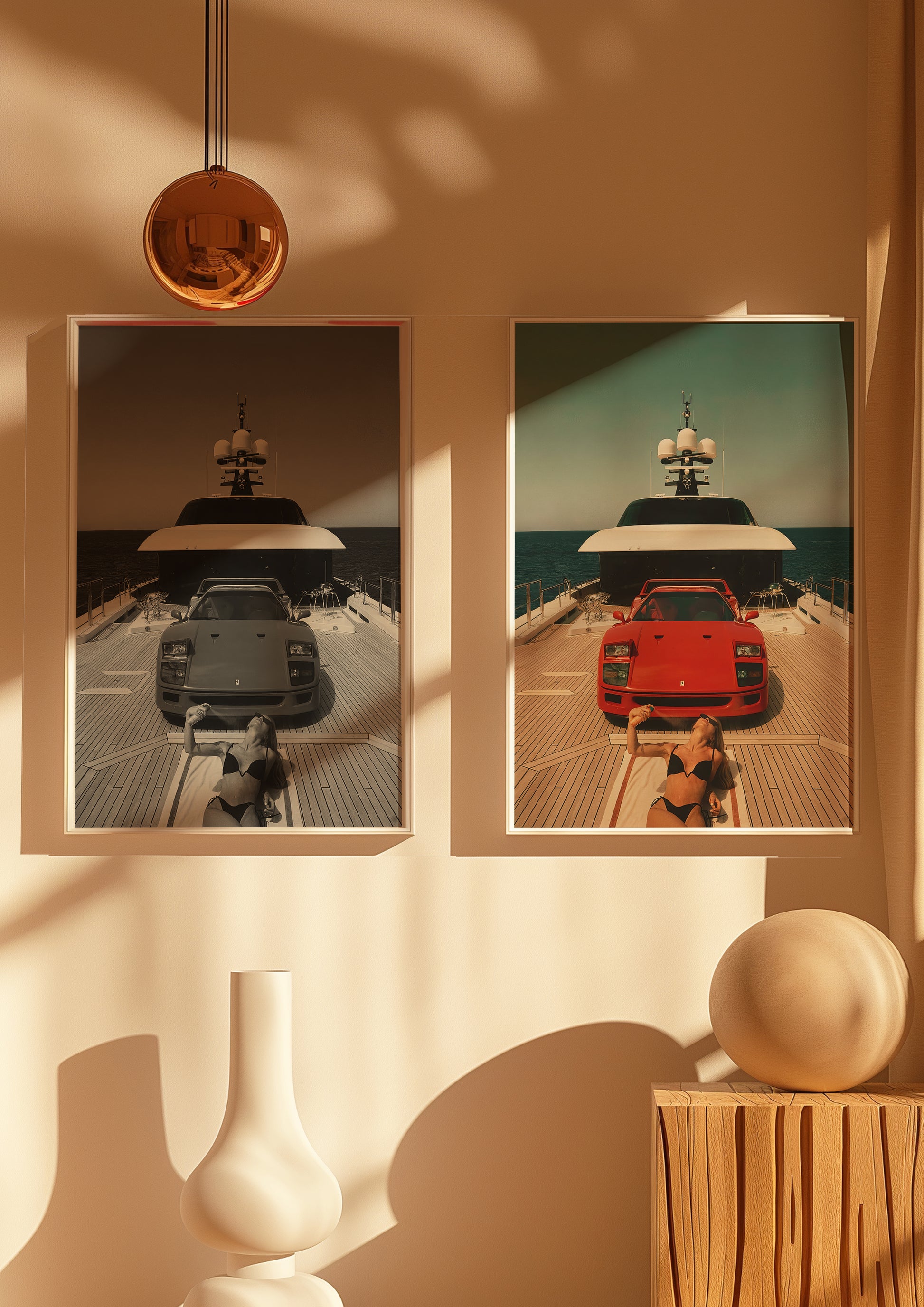 Monaco Lady Ferrari print framed in a minimalist gallery-style setup

