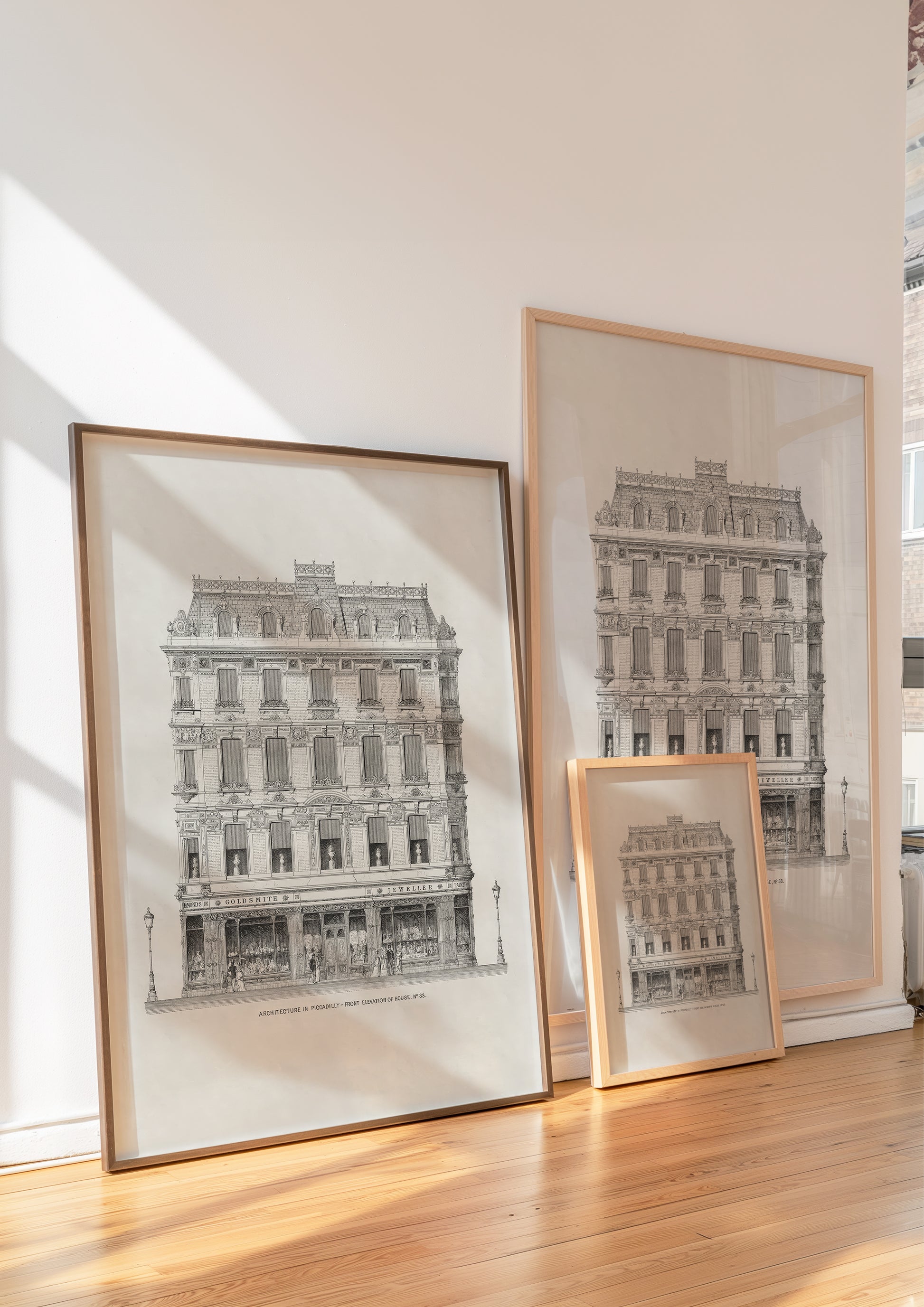 Framed London house sketch styled in a minimalist gallery setting

