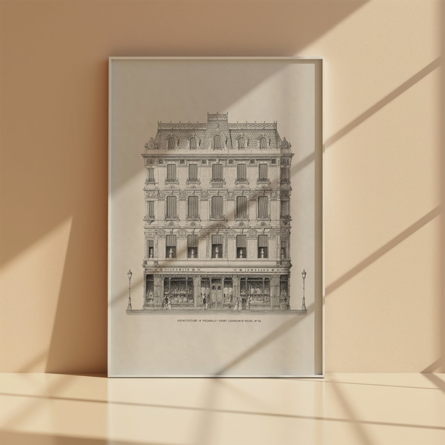 London house sketch art print in white frame, front view