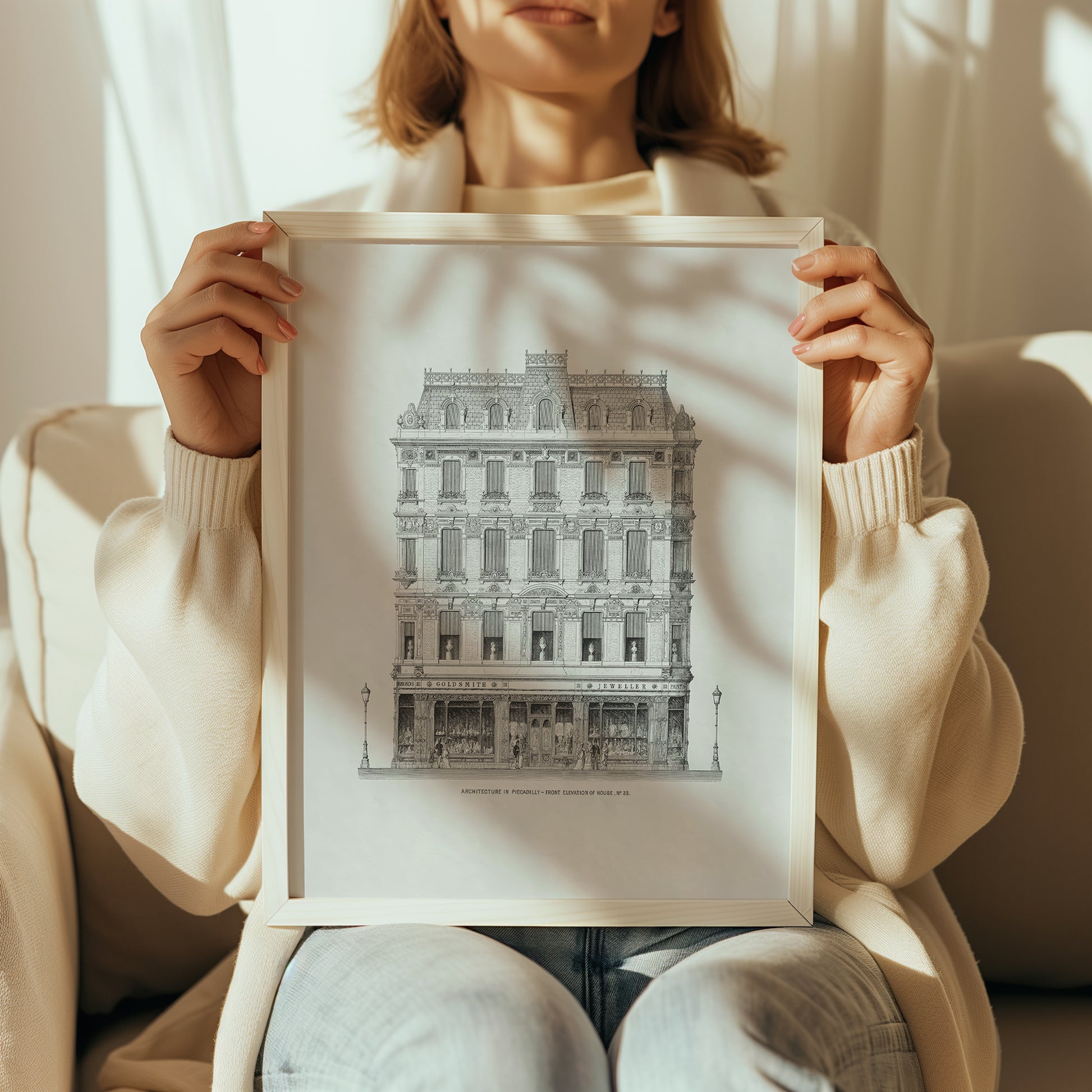 Woman holding London house architecture print for size reference
