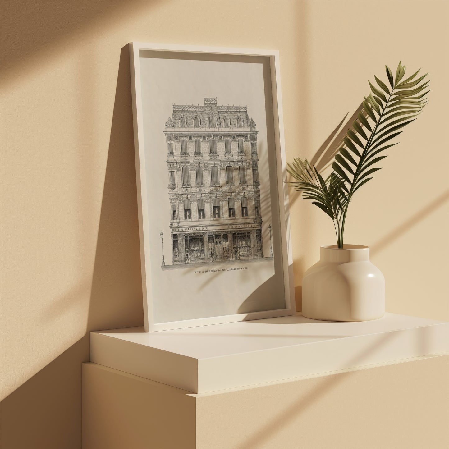 Side shelf view of vintage London house architectural sketch
