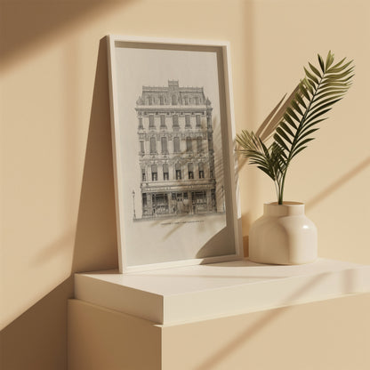 Side shelf view of vintage London house architectural sketch
