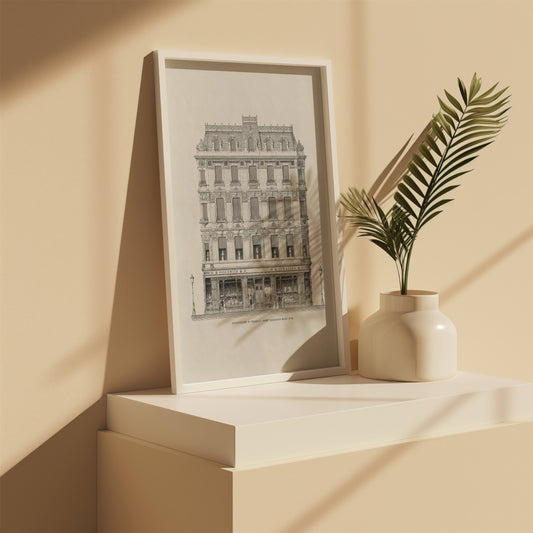 Side shelf view of vintage London house architectural sketch
