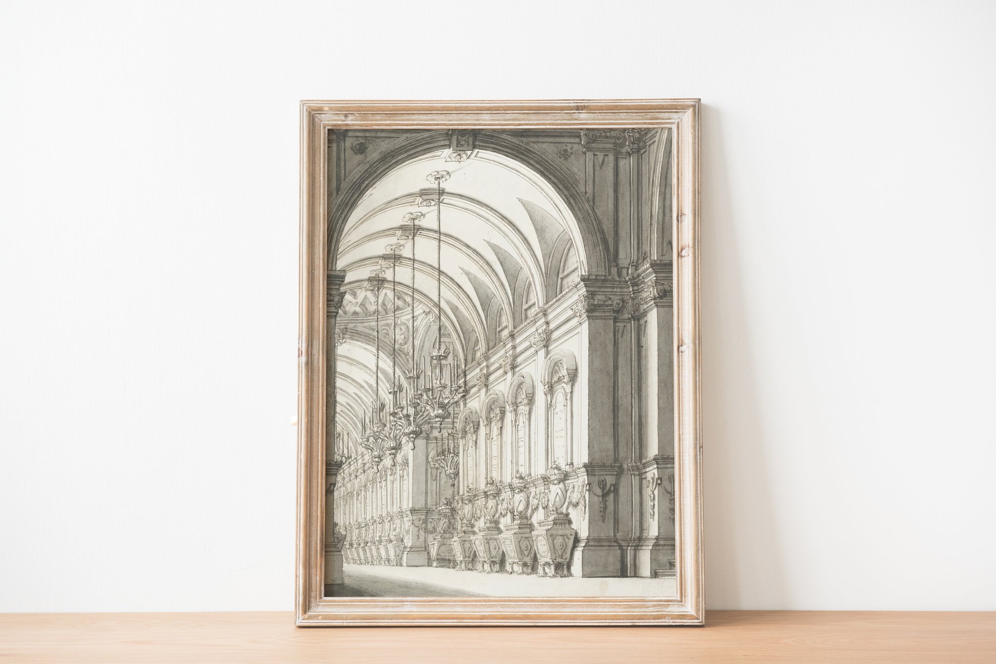 Vaulted hall architecture sketch displayed in wooden frame, front view
