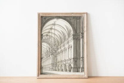 Vaulted hall architecture sketch displayed in wooden frame, front view
