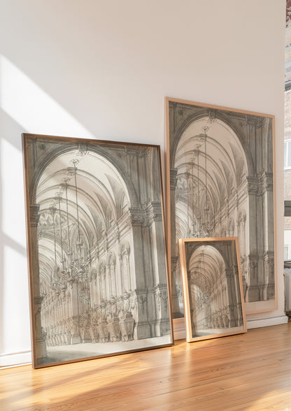 Vaulted architectural sketch framed in modern gallery wall setting