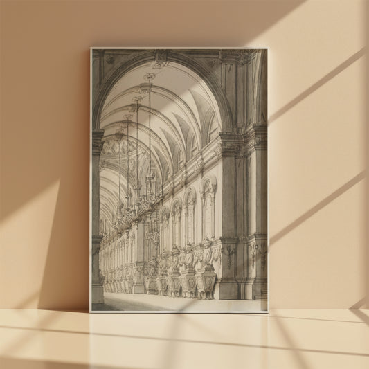 Vaulted architectural sketch in white frame, front-facing