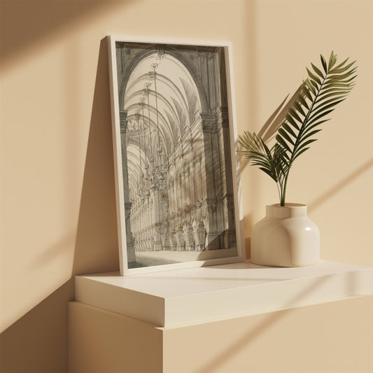 Vintage vaulted architecture print shown at an angle on a shelf
