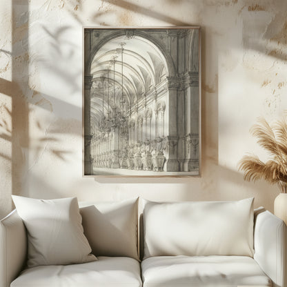 Vaulted hall architectural sketch styled as living room wall art