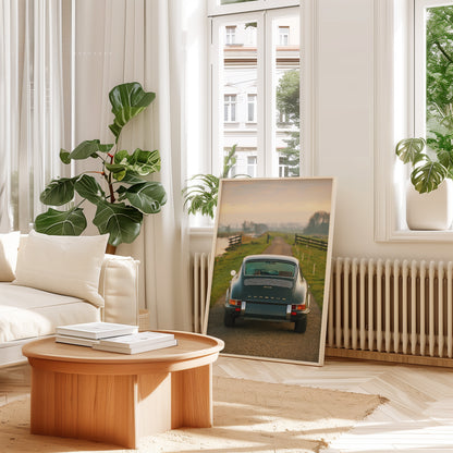Vintage Porsche wall art styled in modern London living room