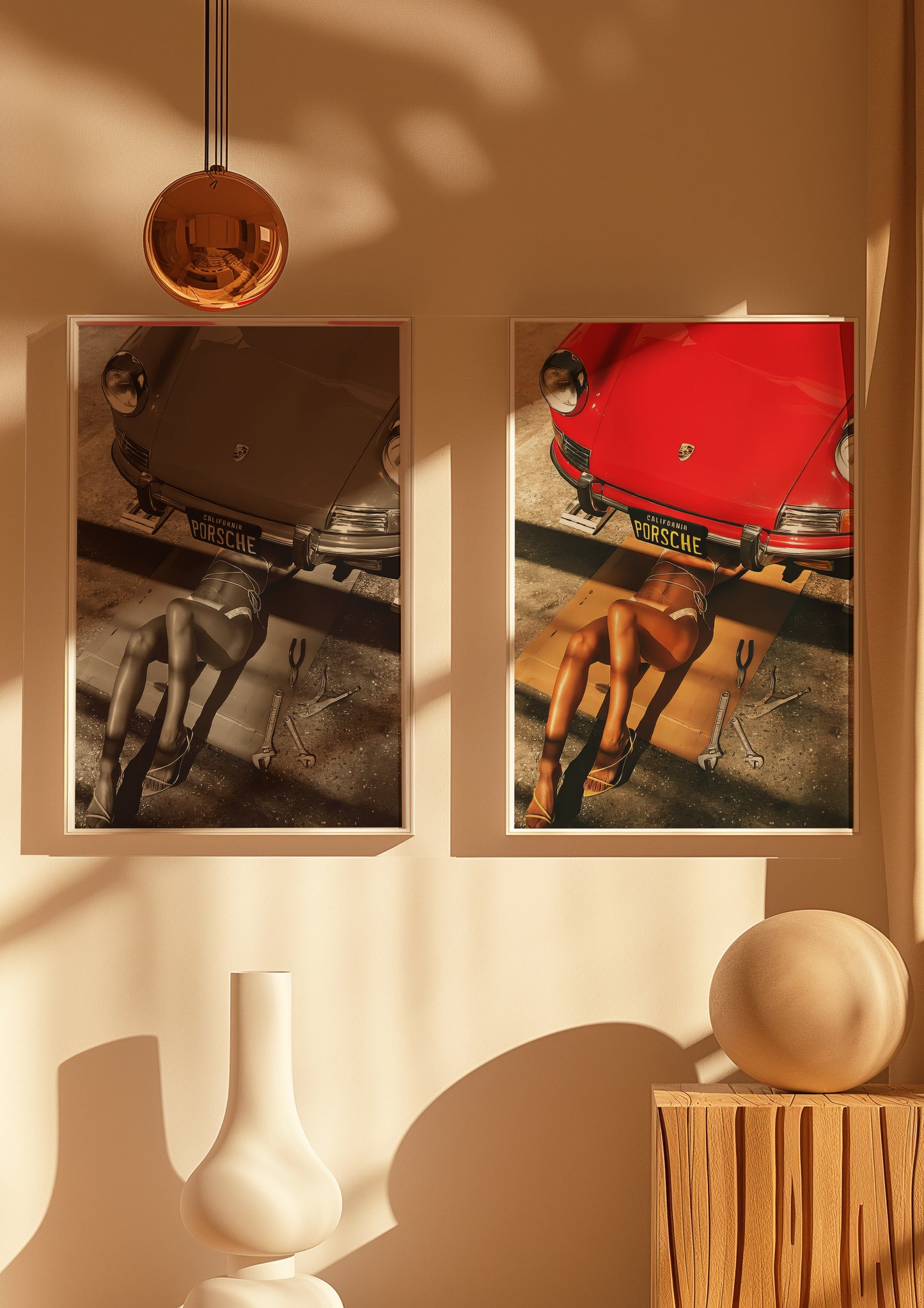 Two Lady California Porsche posters in color and black & white
