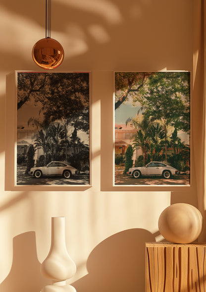 Side-by-side Havana Porsche posters in color and black & white