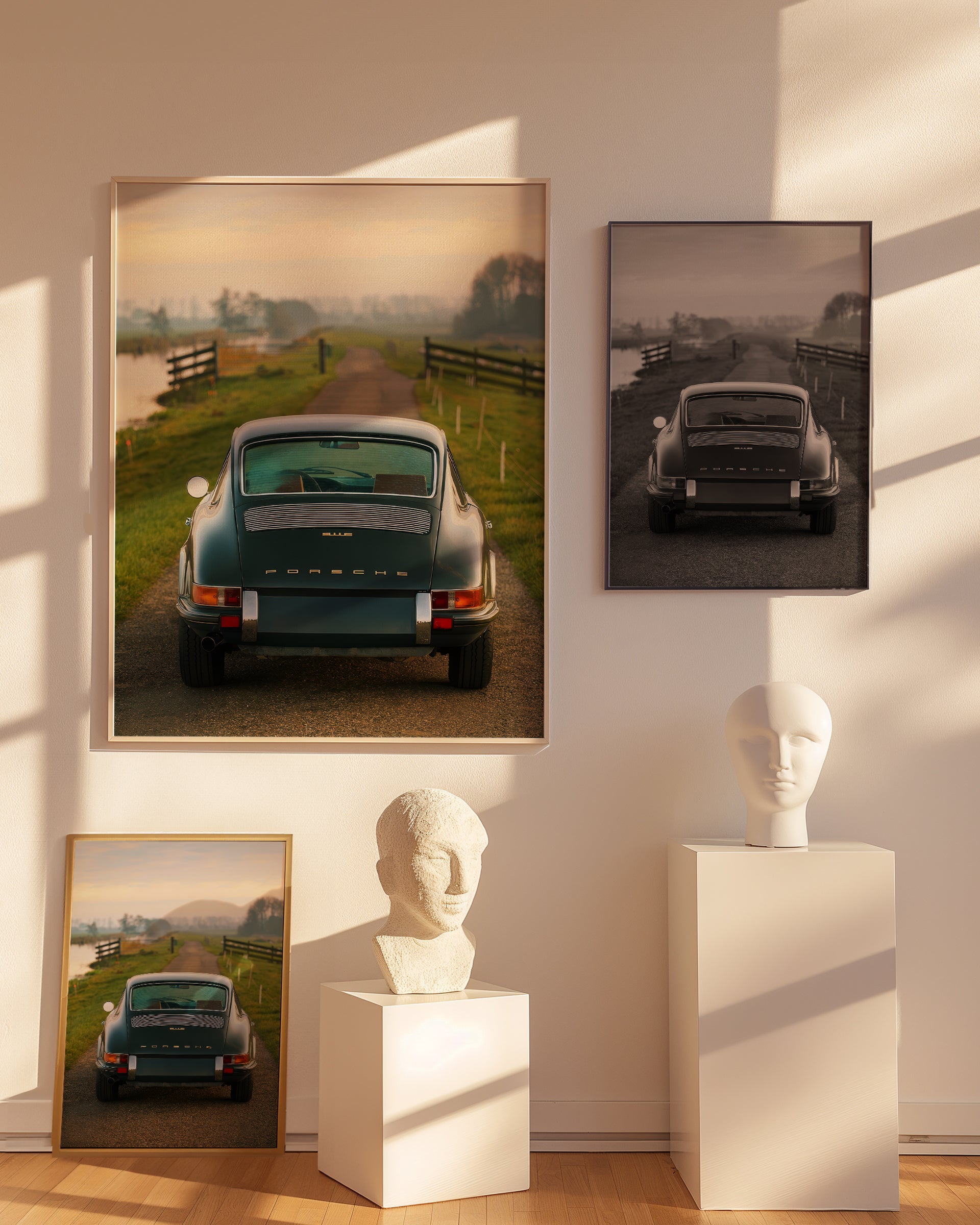 Color and black & white London Porsche posters side by side on wall