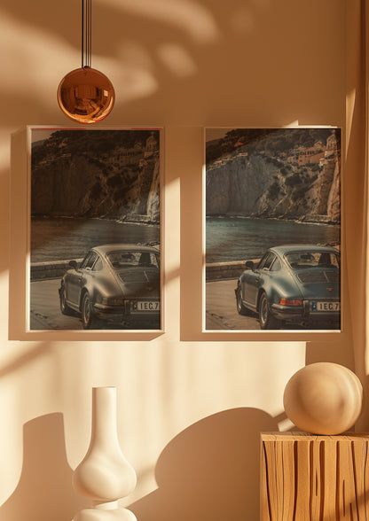 Two Menaggio Porsche prints side by side in both color and black and white