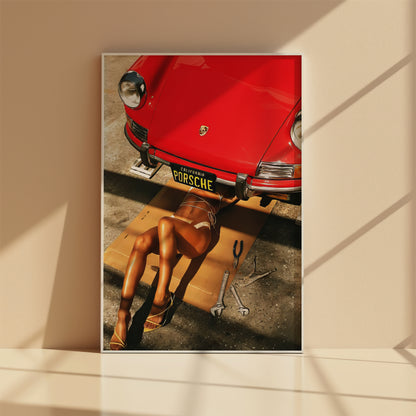 Colorful vintage Porsche art print with California backdrop
