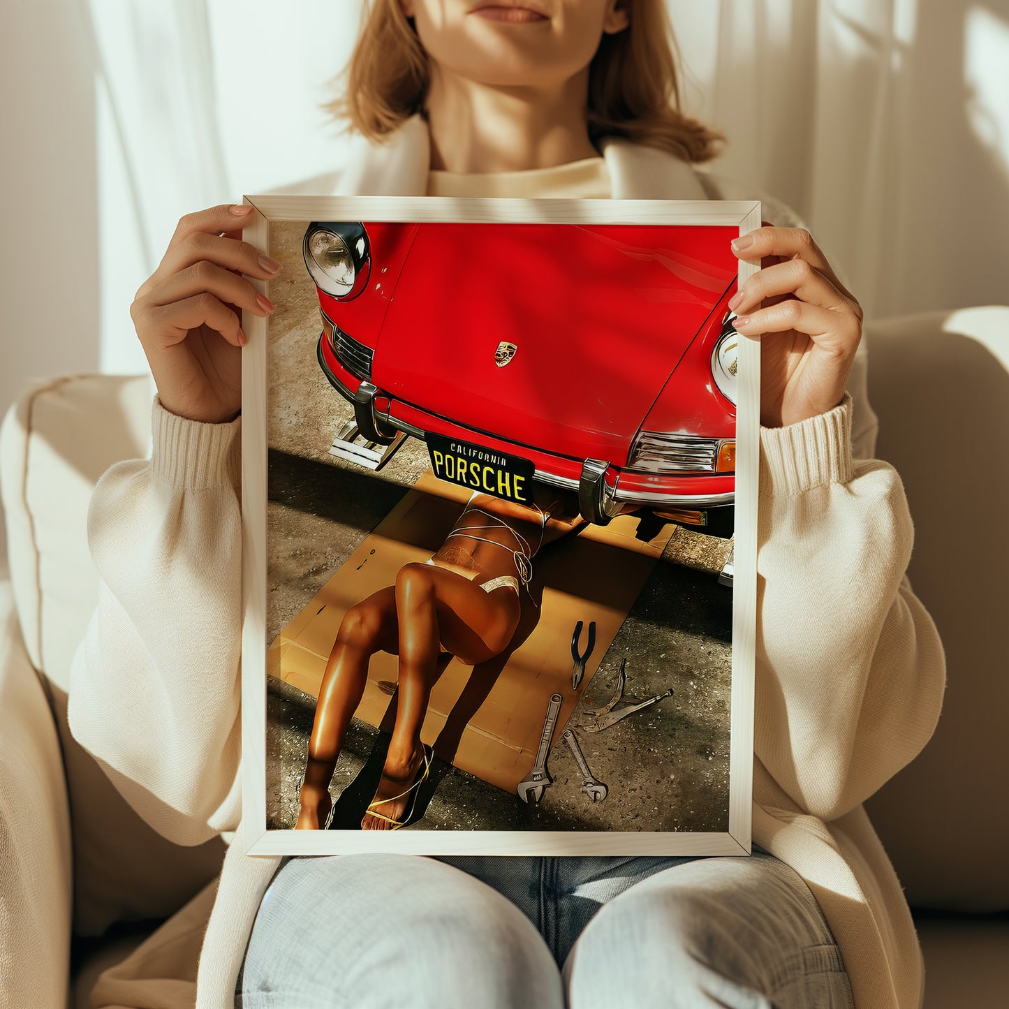 Woman holding Lady California Porsche artwork front view