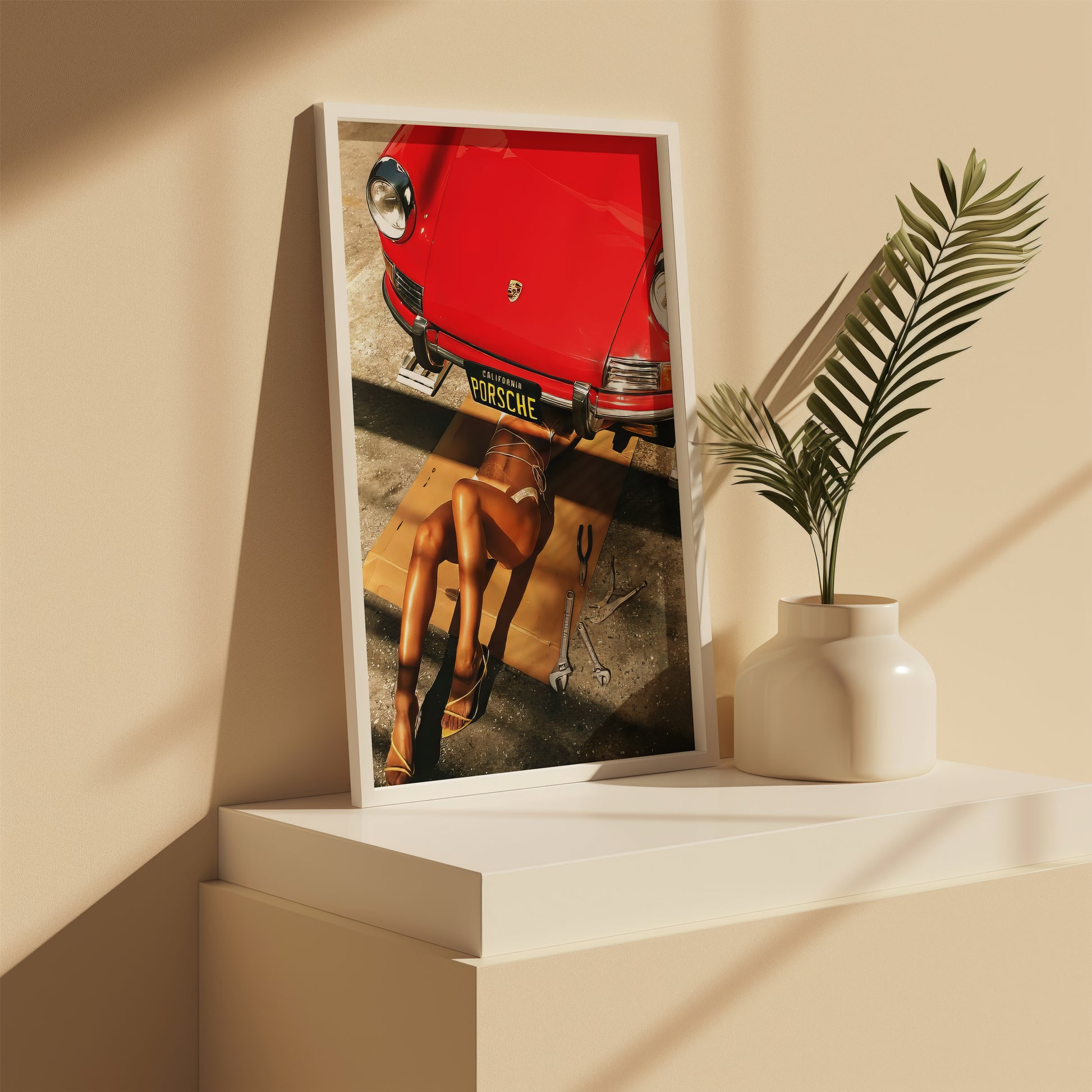 Shelf angle of Lady California Porsche print