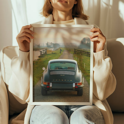 Woman holding Porsche London poster for size reference