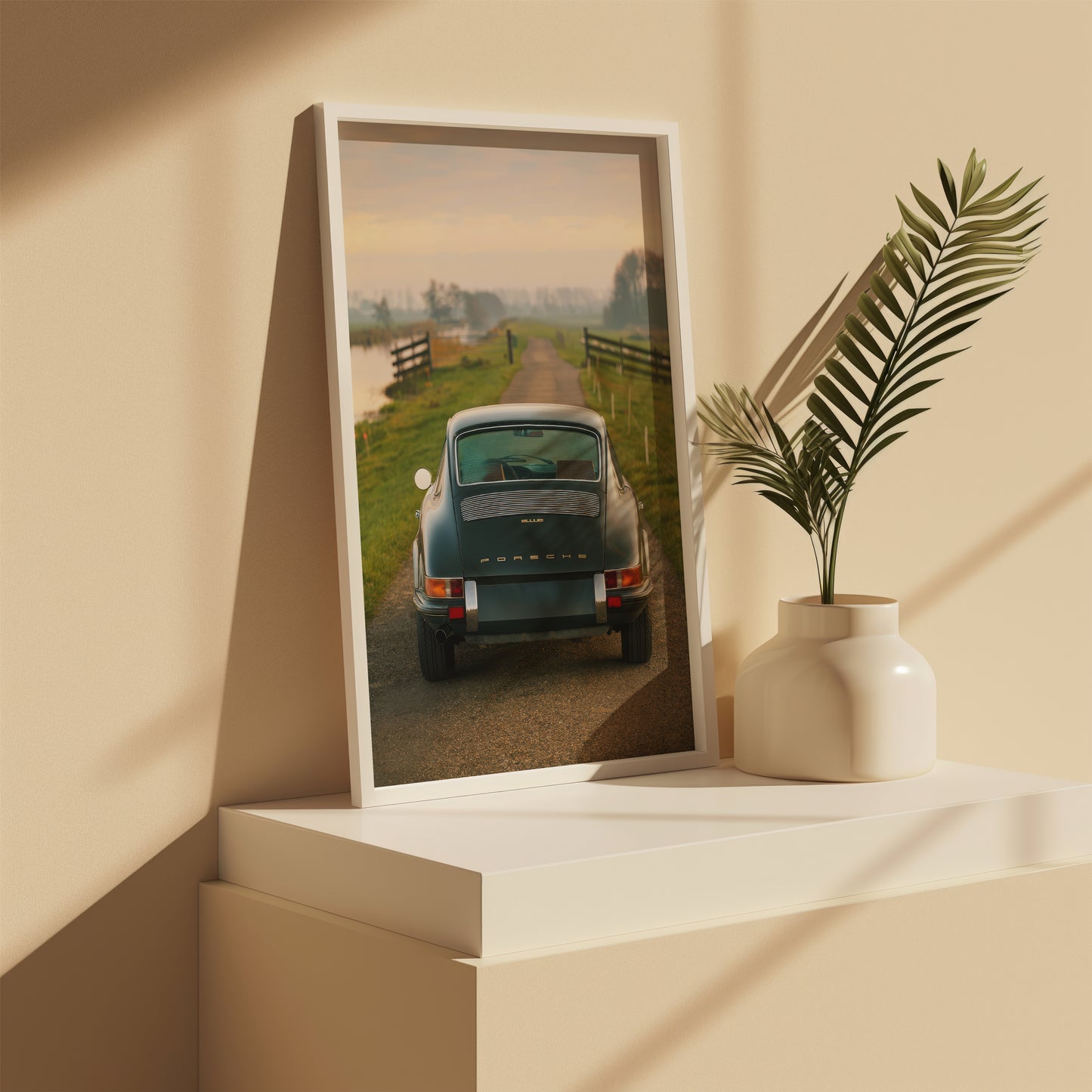 Angled view of London Porsche print displayed on a shelf