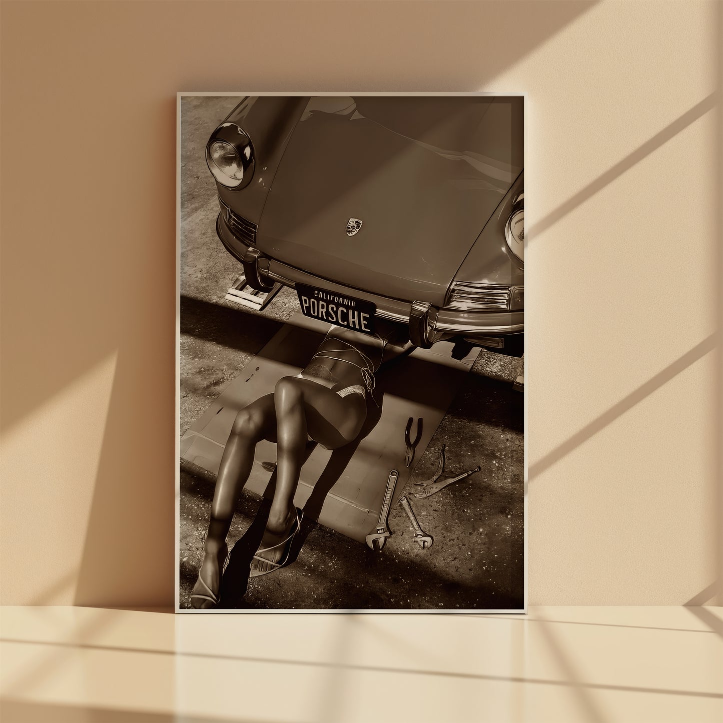 California Porsche poster in black and white

