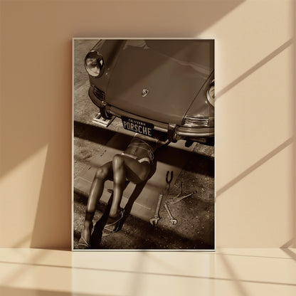 California Porsche poster in black and white
